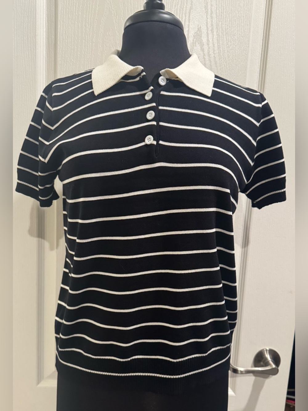 Black & White Striped Polo Top with Contrast Collar
